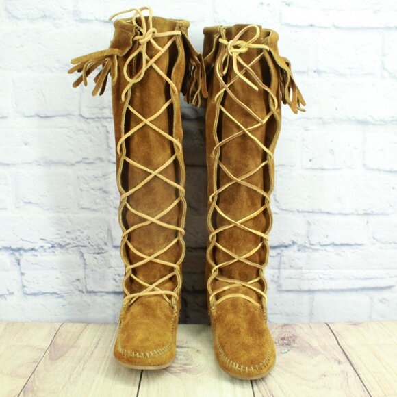 Minnetonka Brown Suede Knee High Lace Up Moccasins Festival Fringe Size 6 - Picture 4 of 8